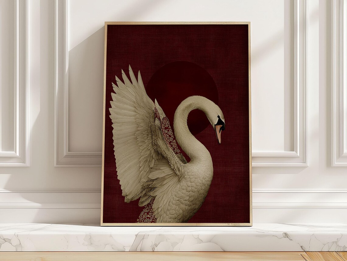 White Swan Raised Wings Burgundy Red Vintage Bird Wall Poster