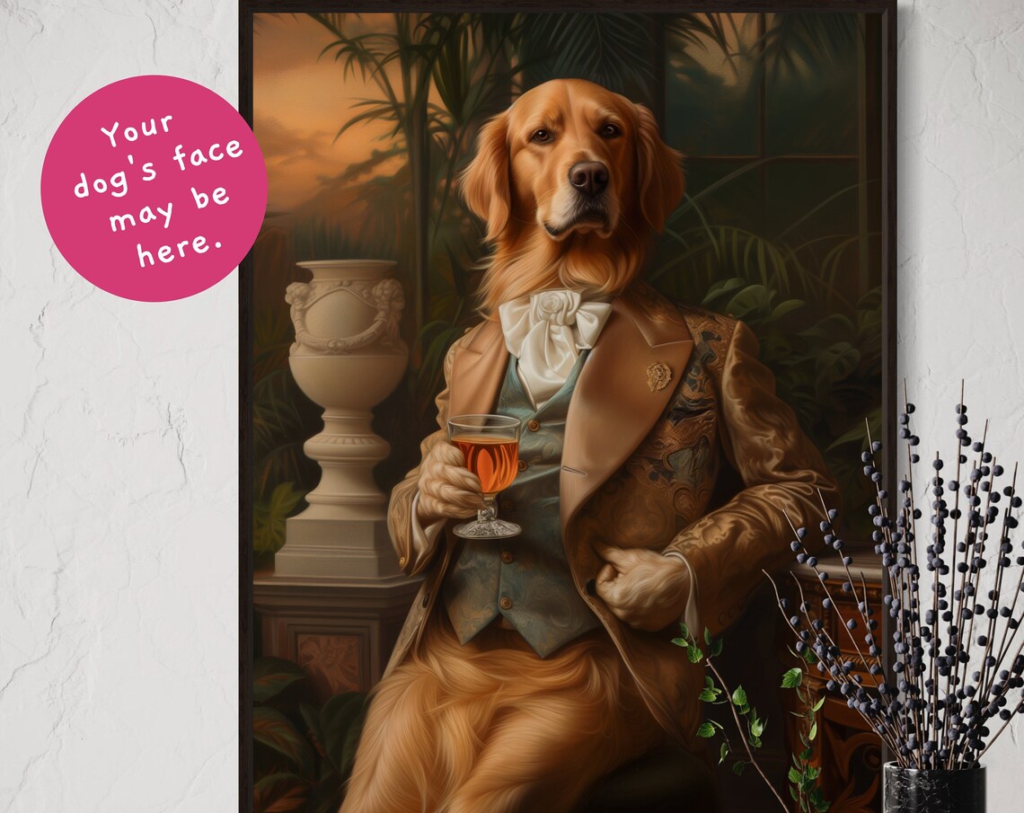 Golden Retriever Gentleman in Gold Suit Holding Whiskey Poster