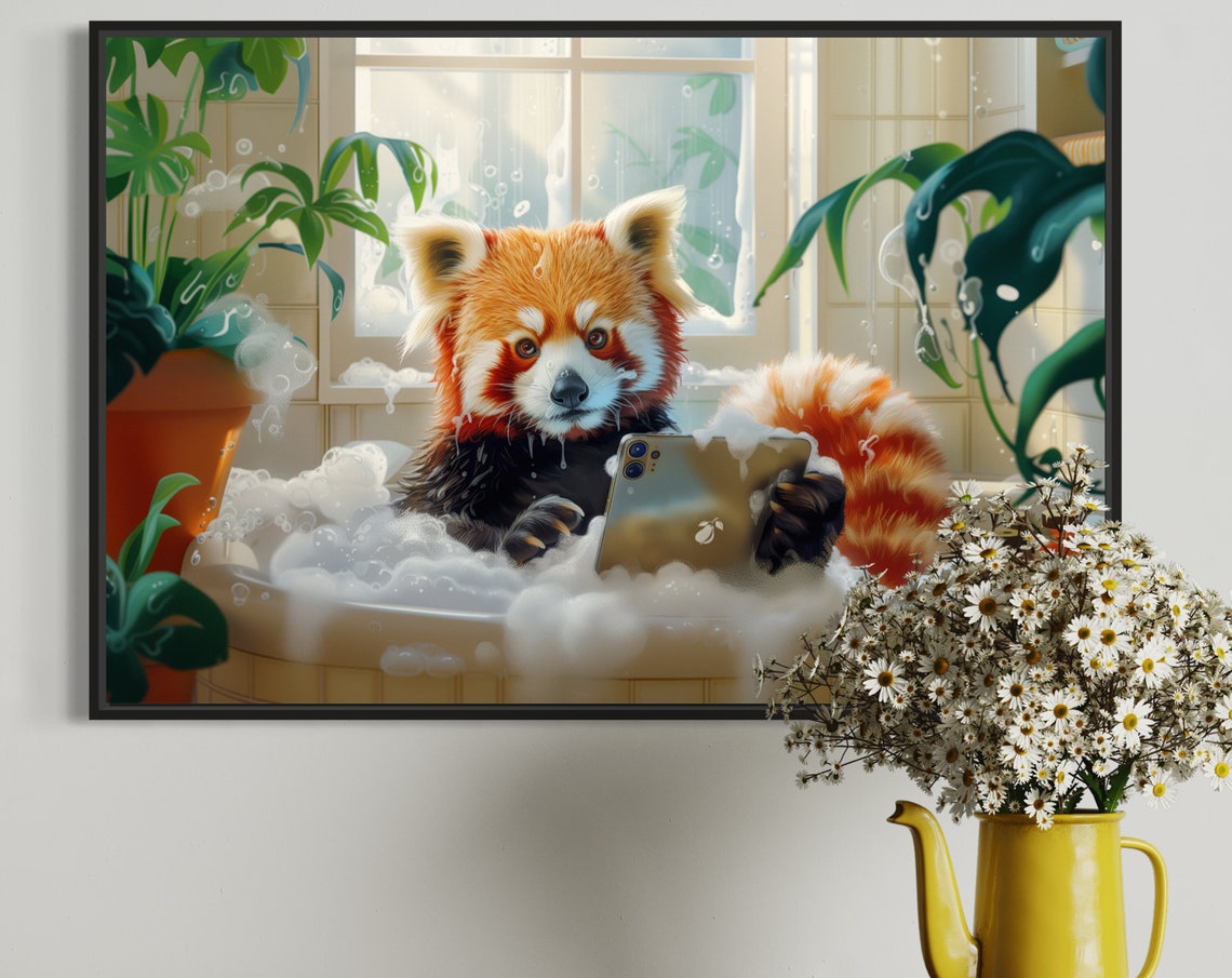 Red Panda Bath Time Relaxing in Bubble Bath with Phone Poster