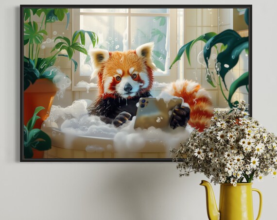 Red Panda Bath Time Relaxing in Bubble Bath with Phone Poster