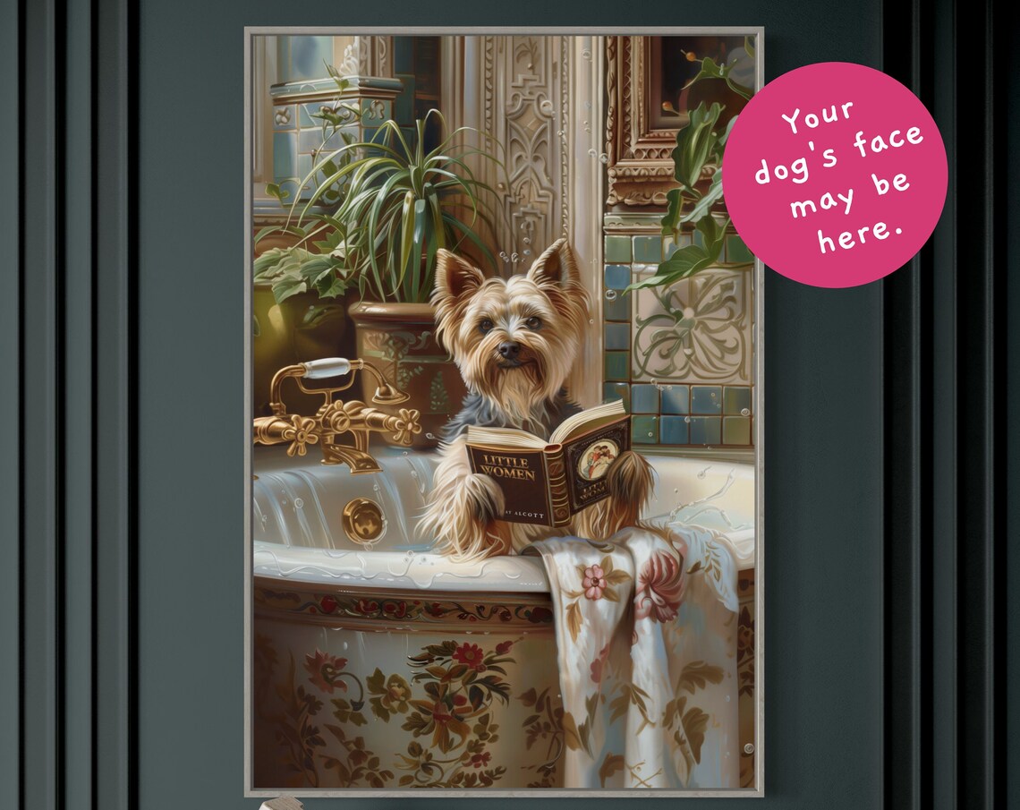 Yorkshire Terrier Reading Little Women Book in Vintage Bathtub Poster