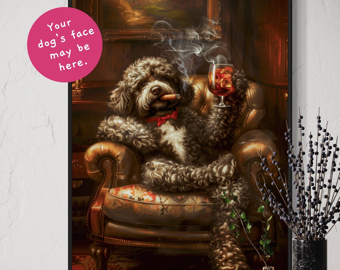 Curly Brown Dog Gentleman Lounging with Cigar and Whiskey Poster