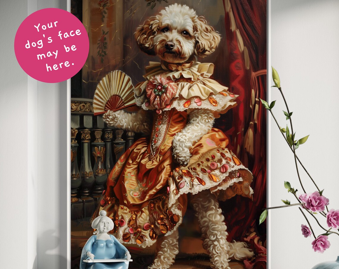 Curly White Dog in Regal Renaissance Gown Holding Fan Portrait Poster