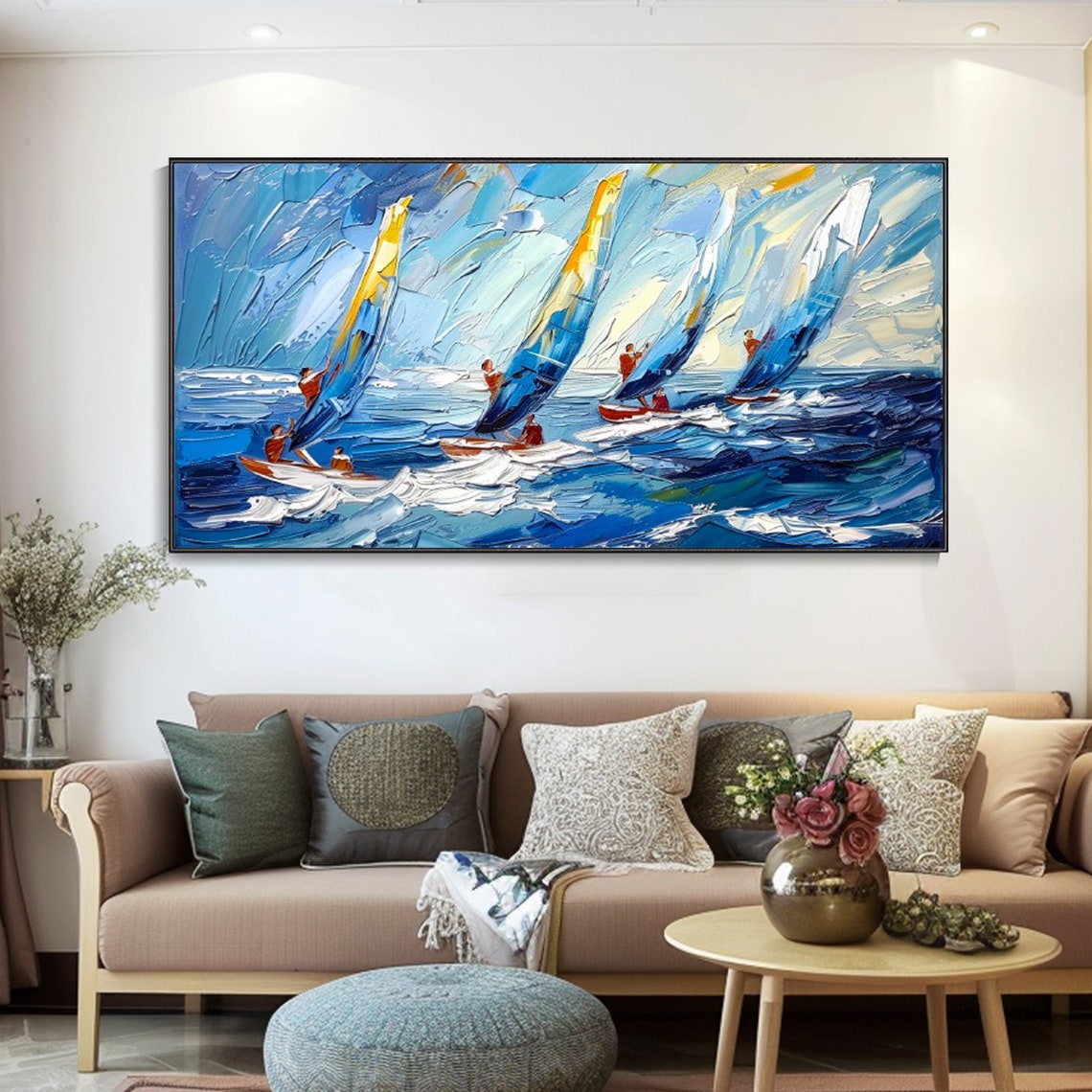 Windsurfers Riding Blue Ocean Waves Colorful Sails Seascape Art Poster - Image 3