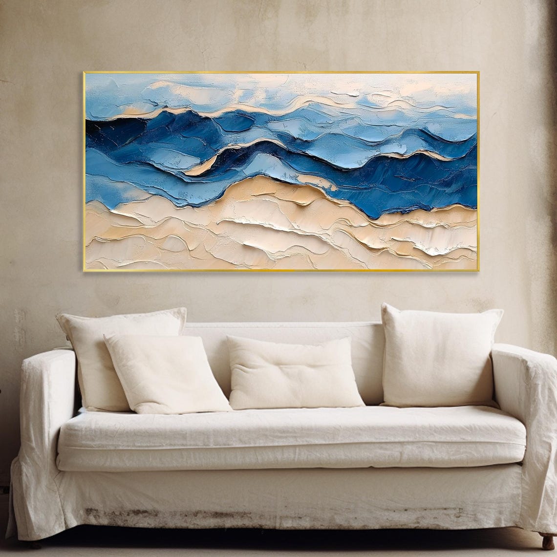 Blue Ocean Waves Over Sand Dunes Textured Coastal Art Poster - Image 4