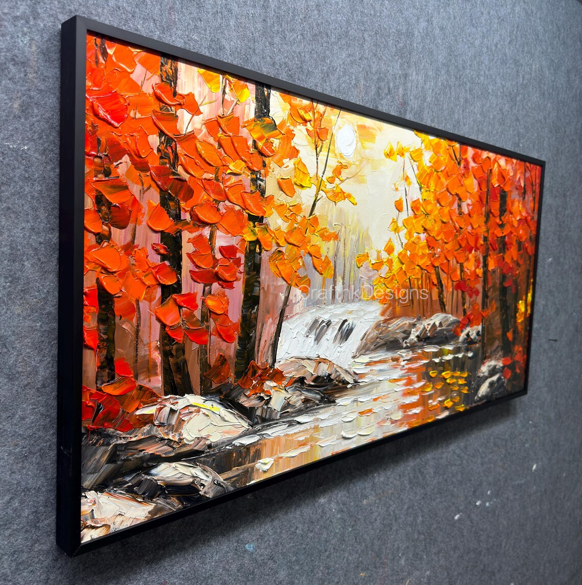 Modern Autumn Forest River Landscape Art Print - Image 2