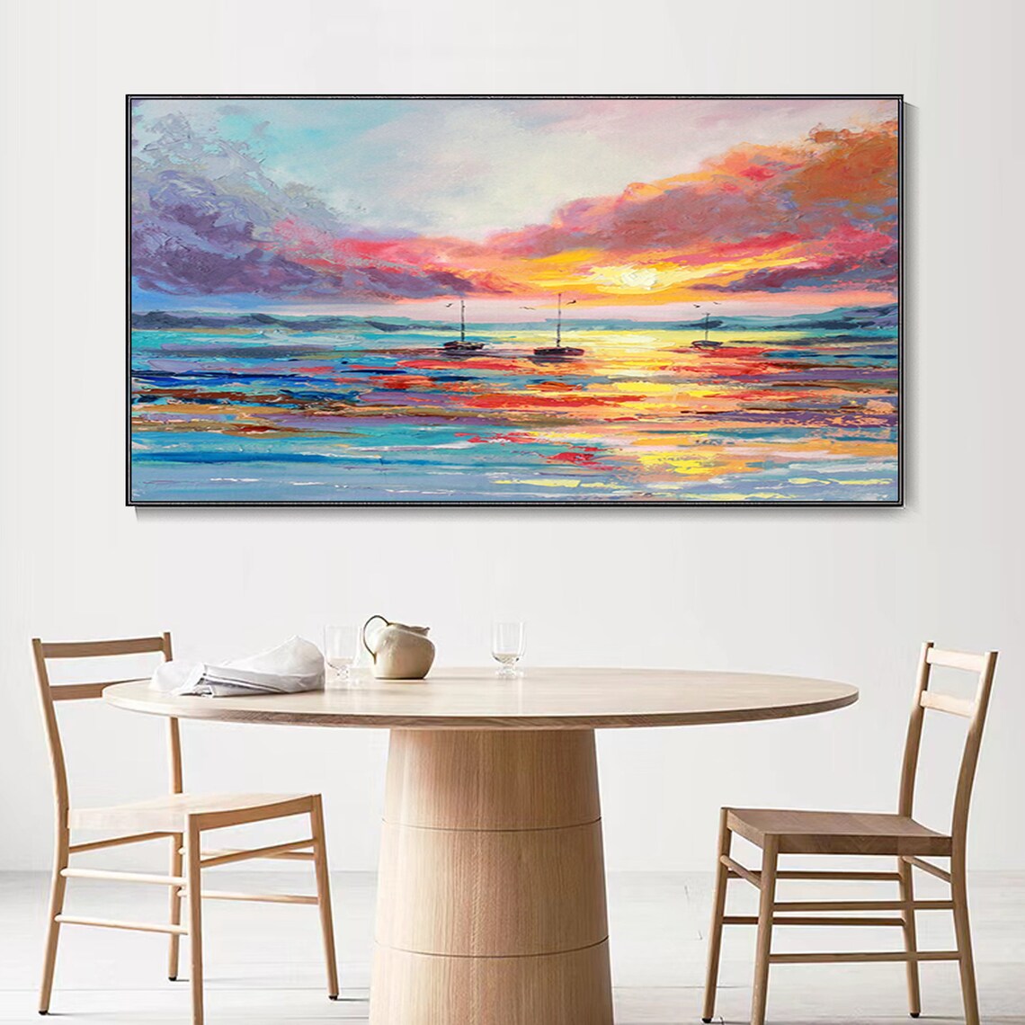 Vibrant Sunset Seascape Sailboats Ocean Reflections Oil Painting Poster - Image 3
