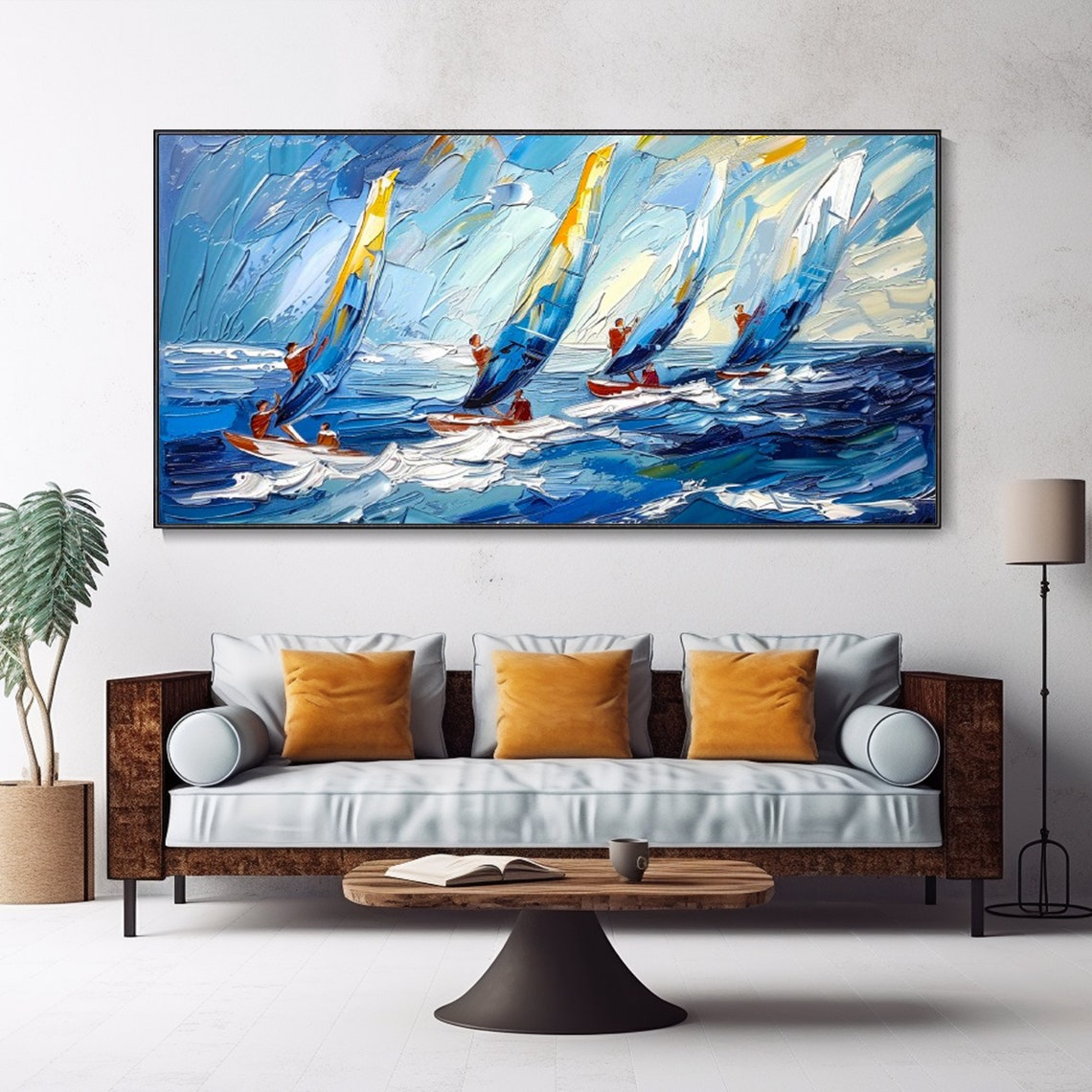 Windsurfers Riding Blue Ocean Waves Colorful Sails Seascape Art Poster - Image 5