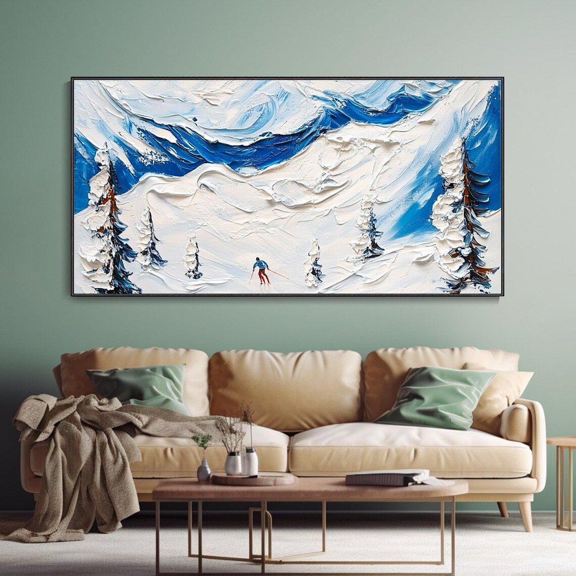 3d Snowy Mountain Skiing Oil Painting Winter Sport Nature Landscapes Skier Outdoor Activity Leisure Travel Adventure Original Artwork Decor - Image 3