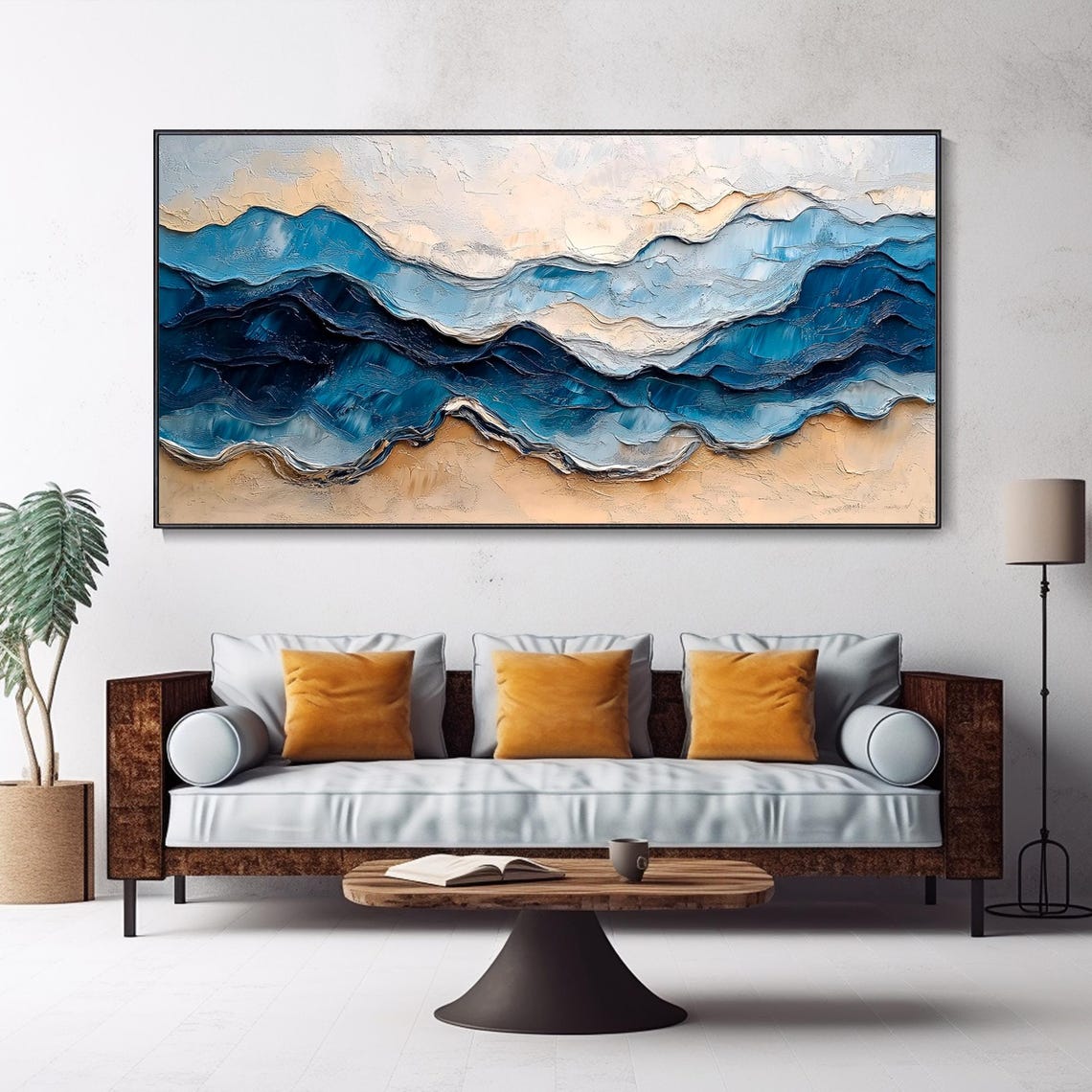 Layered Blue Ocean Waves On Golden Beach Textured Art Poster - Image 5