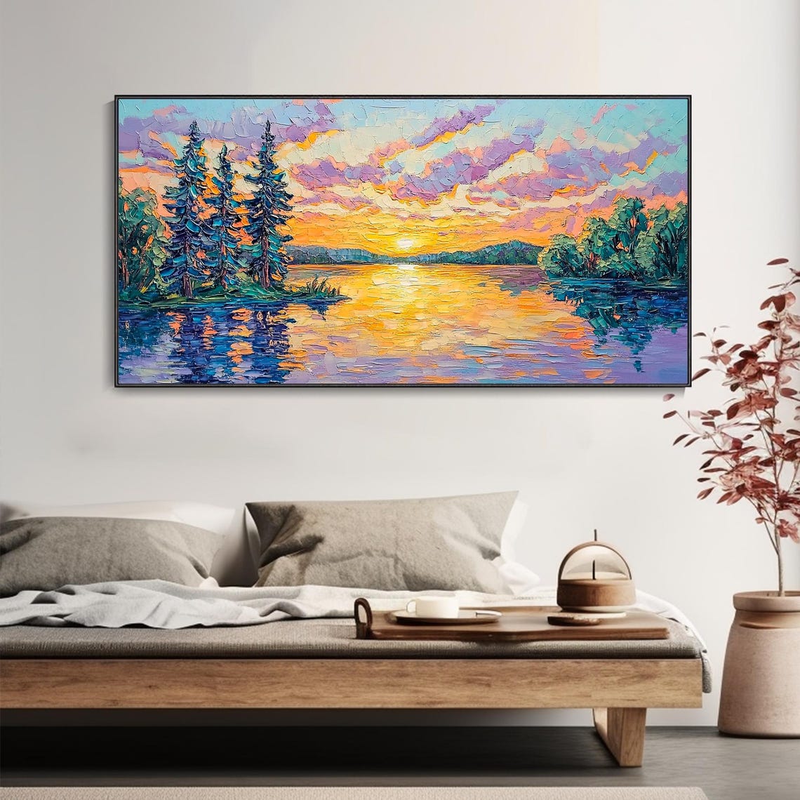 Sunset Lake With Pine Trees Reflections Landscape Art Poster - Image 5