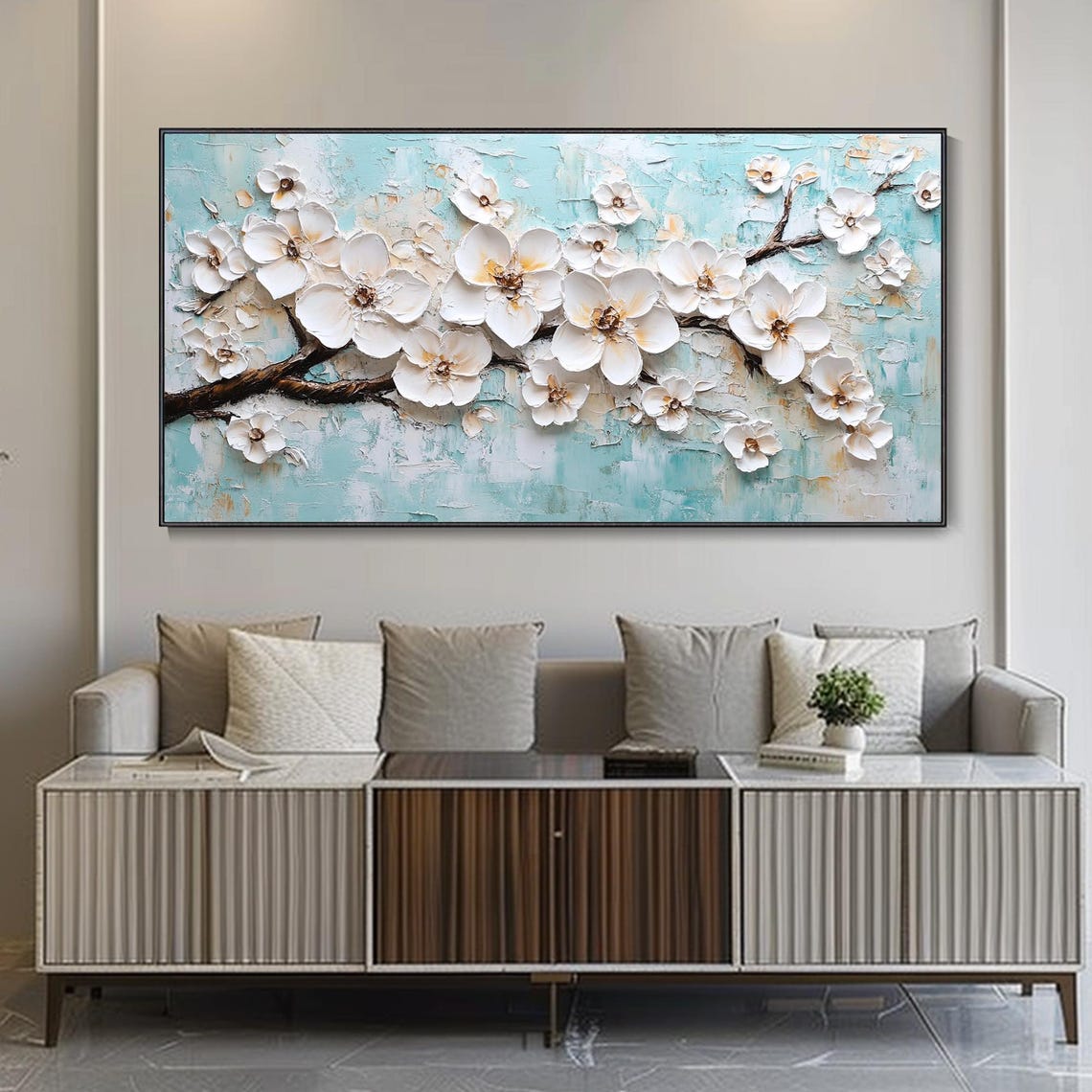 White Cherry Blossoms Branch Textured Spring Floral Art Poster - Image 2