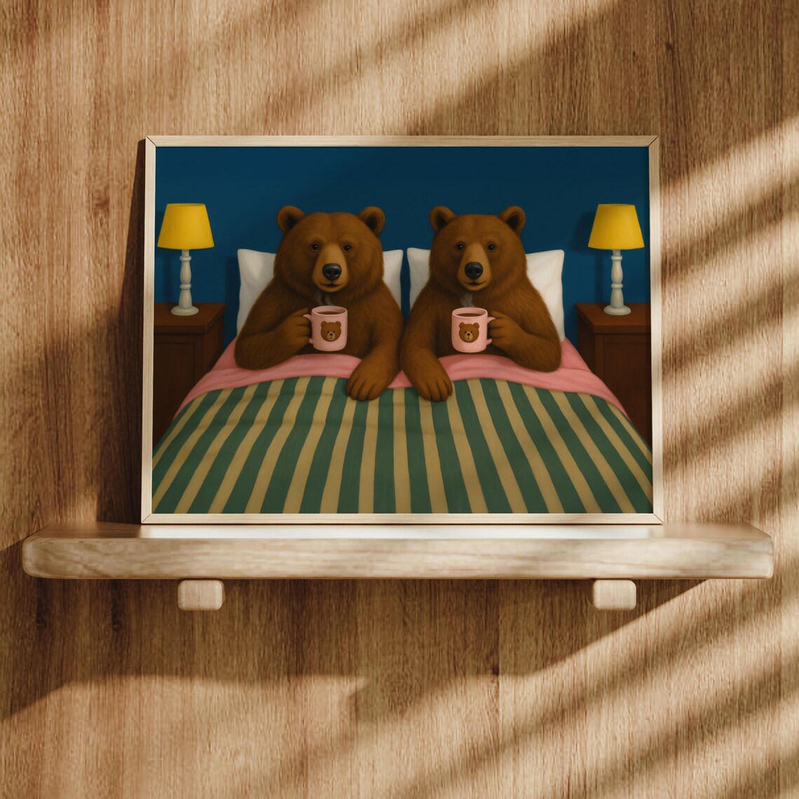 Cute Bear Couple In Bed Holding Coffee Mugs Cozy Bedroom Wall Art
