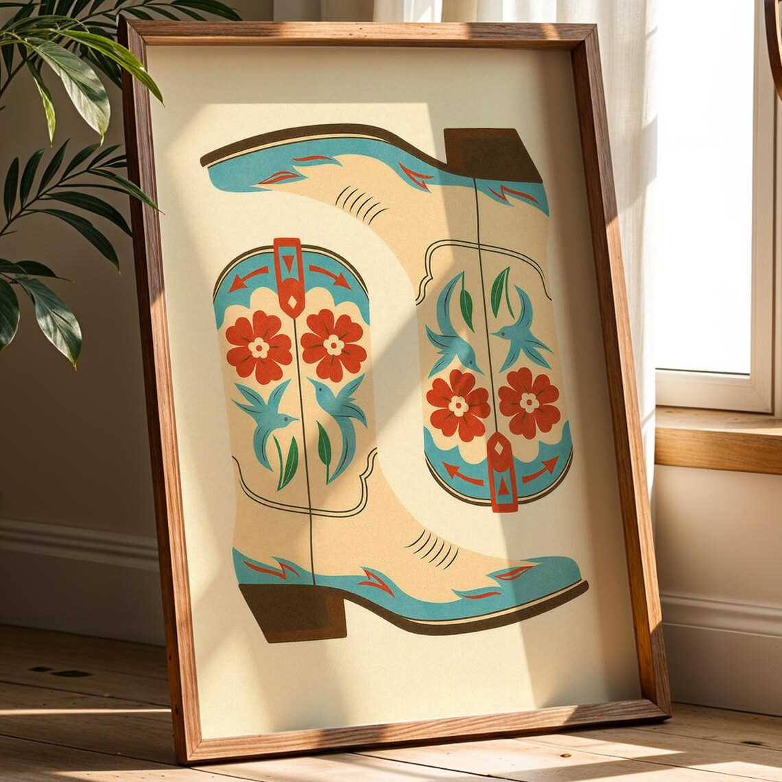 Floral Cowboy Boots Birds Folk Art Western Country Retro Wall Art
