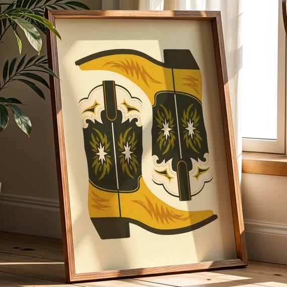 Yellow Cowboy Boots Poster Western Folk Art Wall Decor Rodeo Country Style Instant