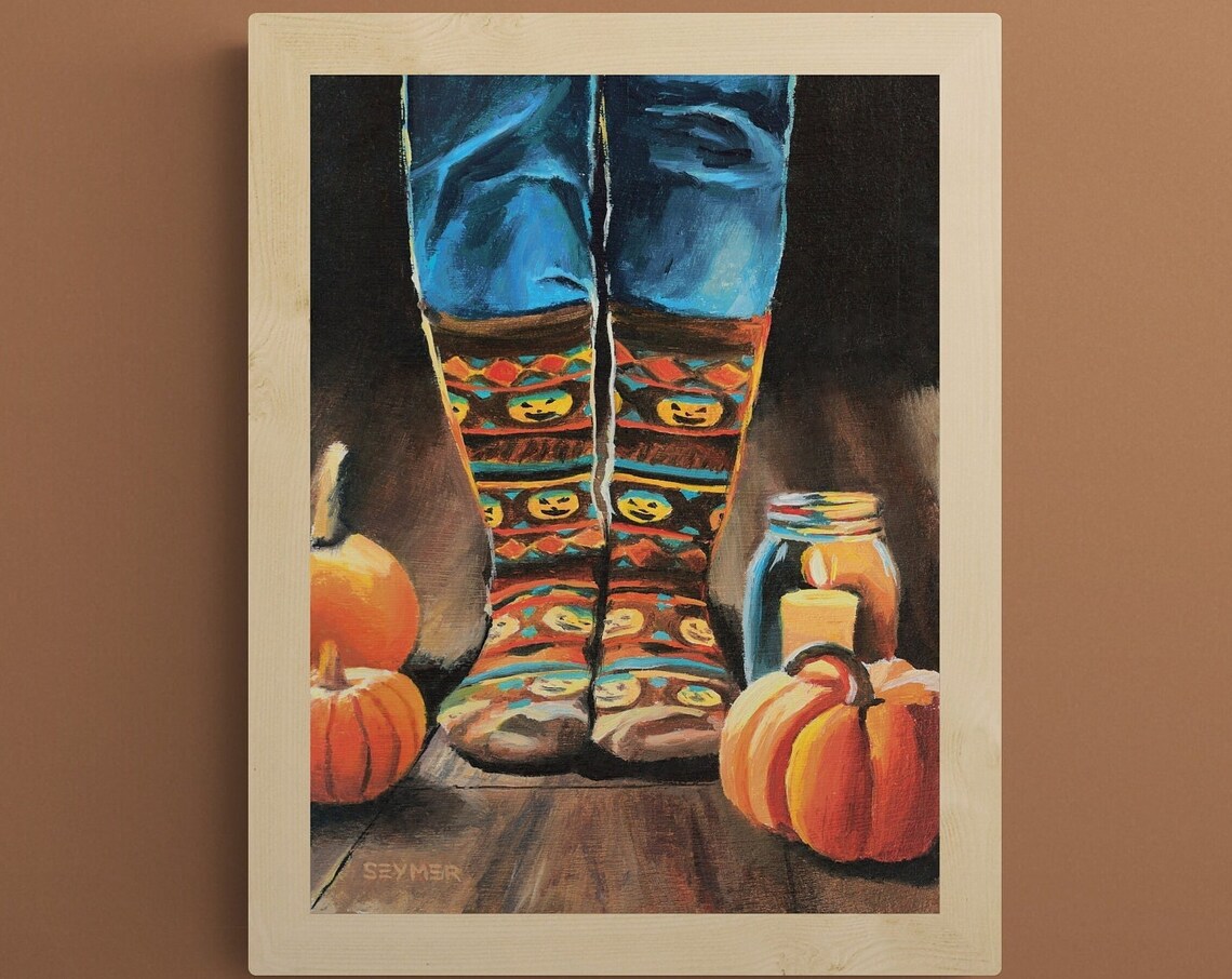 Cozy Halloween Scene with Pumpkin Socks, Pumpkins and Candlelight Poster - Image 6
