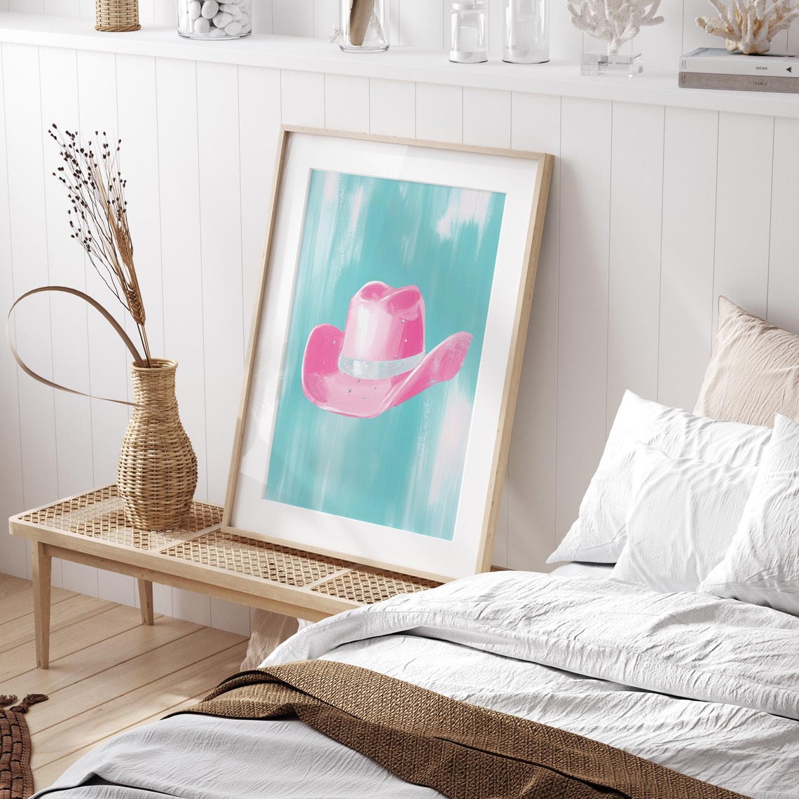 Pink Cowboy Hat Pop Art Poster on Turquoise Modern Western Decor - Image 3