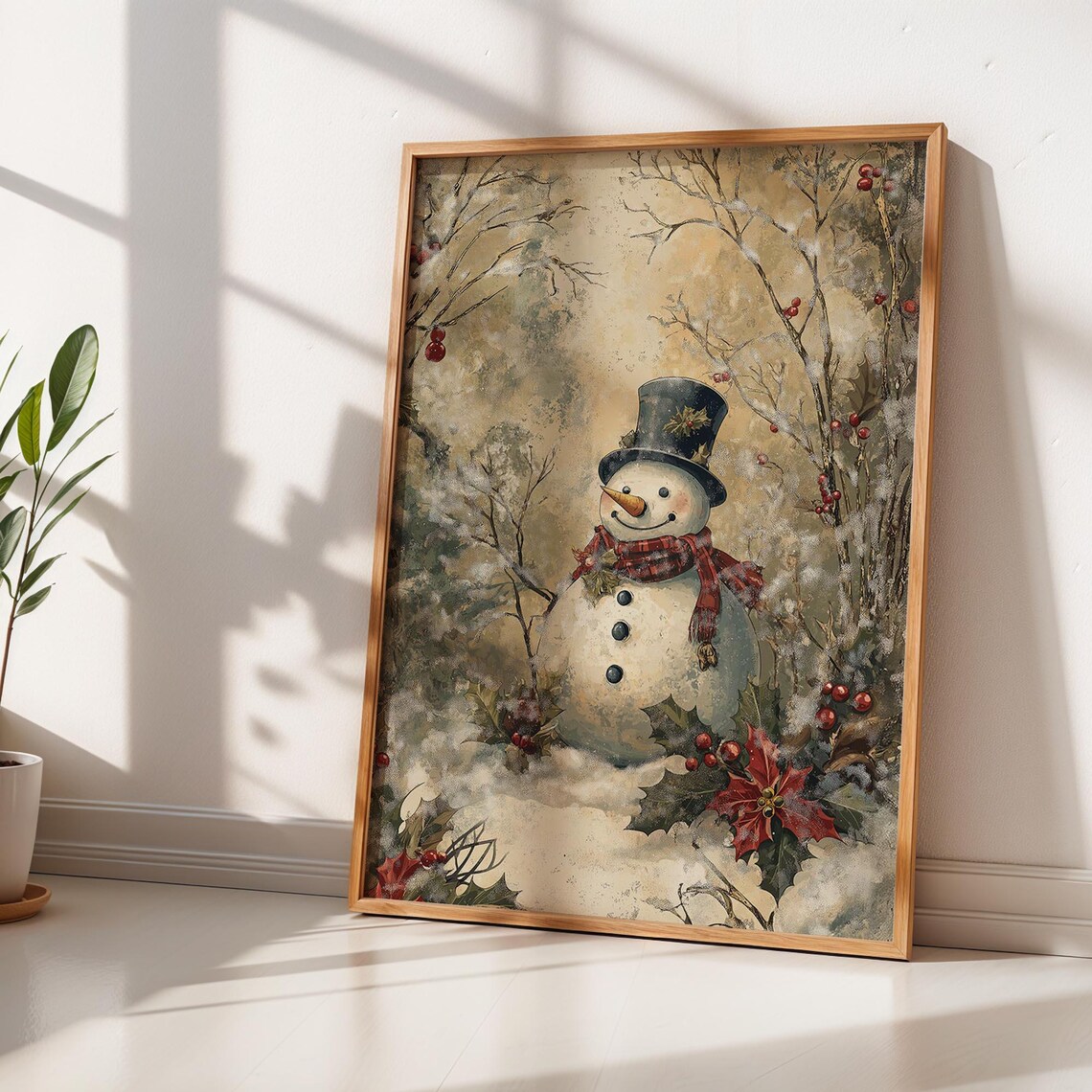 Vintage Snowman Black Top Hat Snowy Woodland Berry Winter Wall Art - Image 2