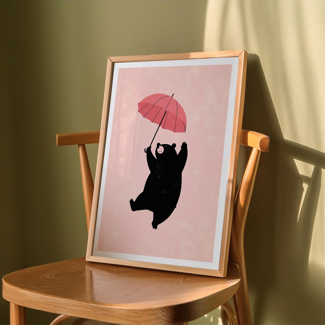 Black Bear Floating With Pink Umbrella Whimsy Art Nursery Room Decor Poster - Image 5
