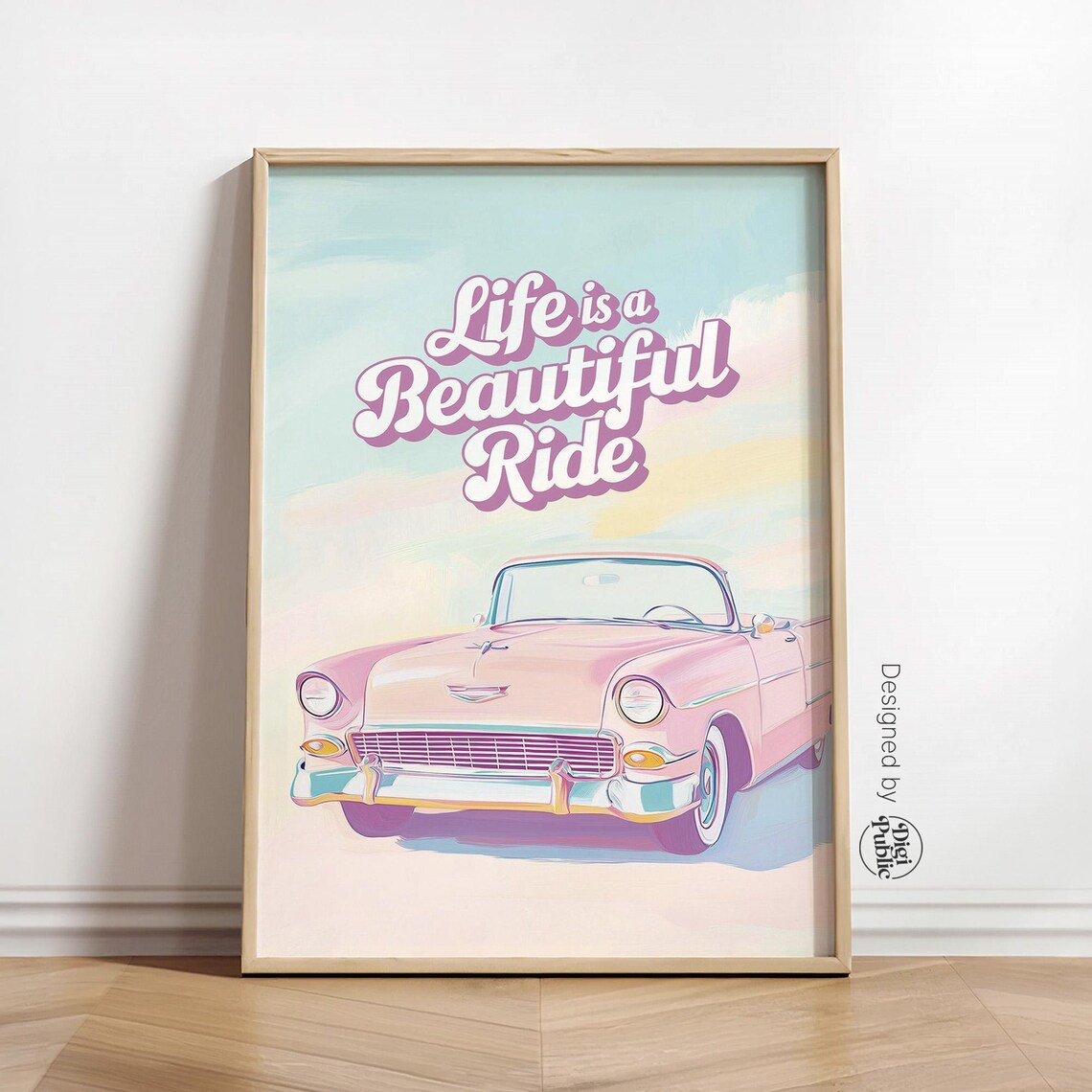 Life Is A Beautiful Ride Pink Vintage Car Quote Garage Wall Decor Poster