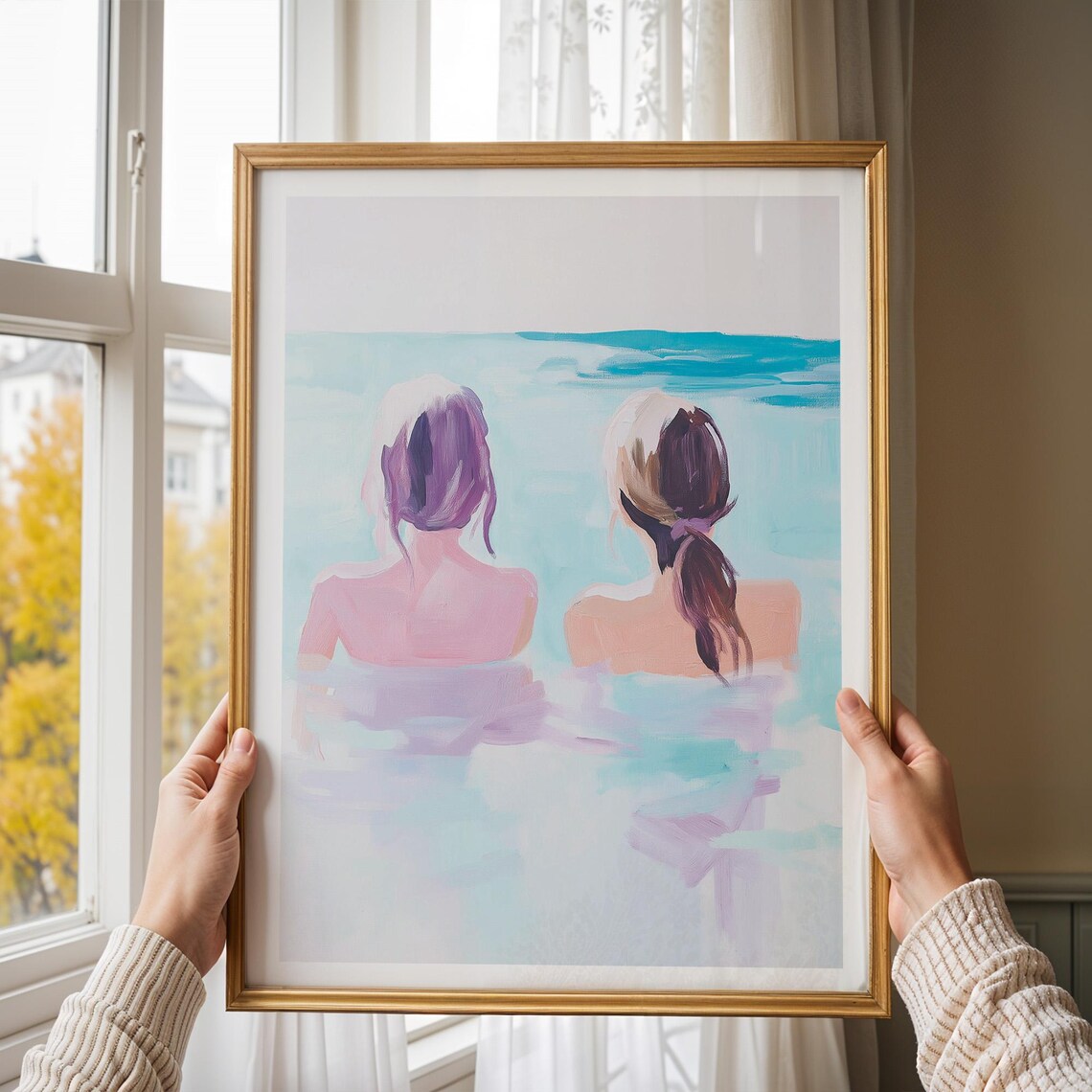 Two Women Swimming Pastel Ocean Poster Friendship Summer Decor - Image 4