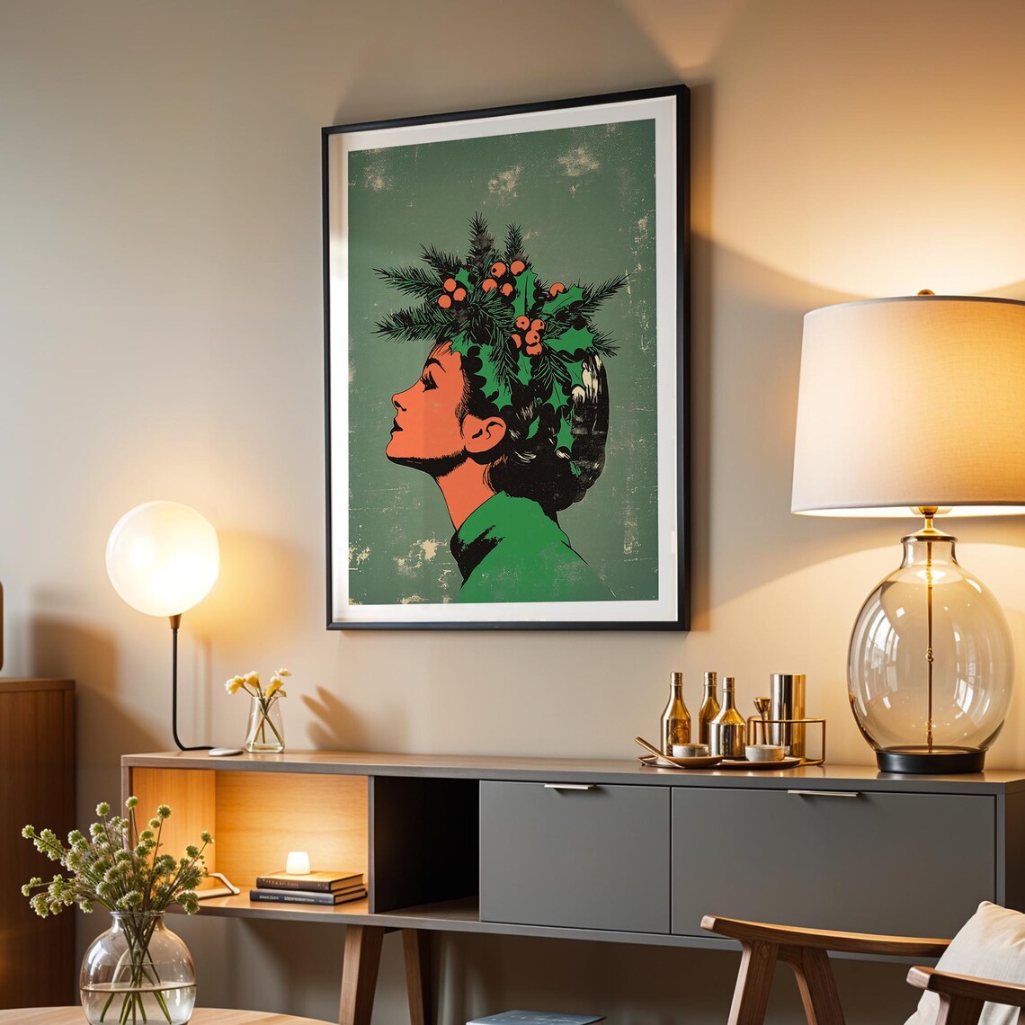 Woman Profile Holly Berry Crown Retro Sage Green Christmas Wall Art - Image 3