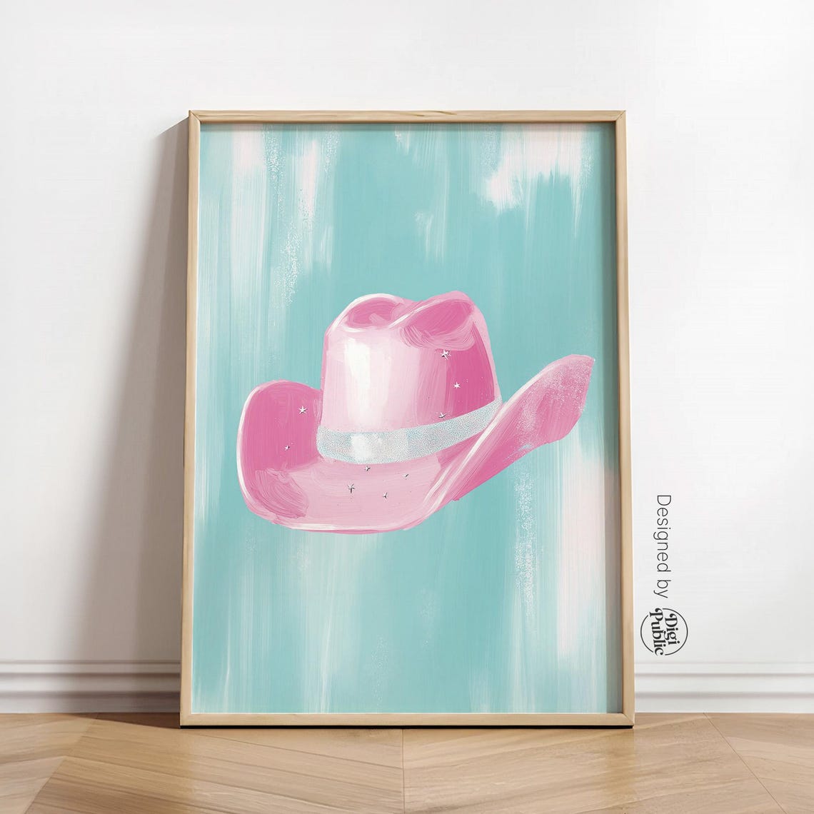 Pink Cowboy Hat Pop Art Poster on Turquoise Modern Western Decor
