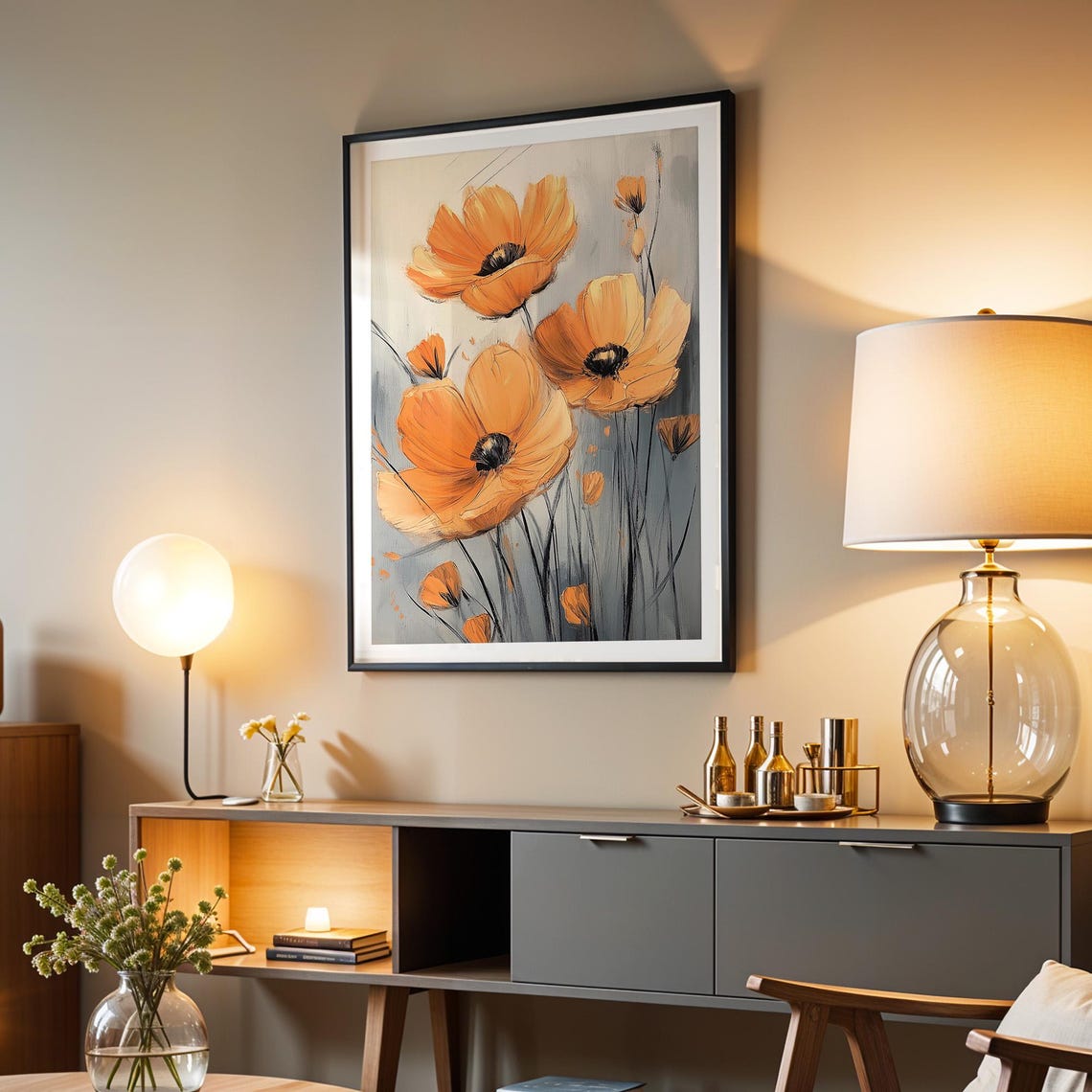 Vibrant Orange Poppy Flowers Poster on Gray Modern Floral Decor - Image 4