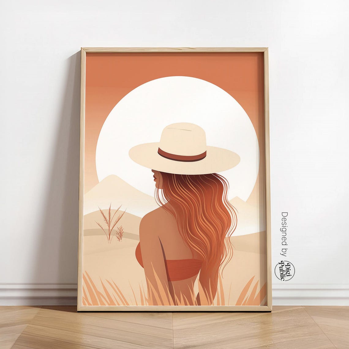 Desert Sunset Woman with Straw Hat Poster Warm Boho Travel Art
