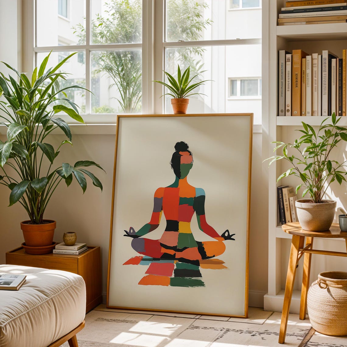 Vibrant Colorful Abstract Patchwork Yoga Meditation Woman Poster - Image 4