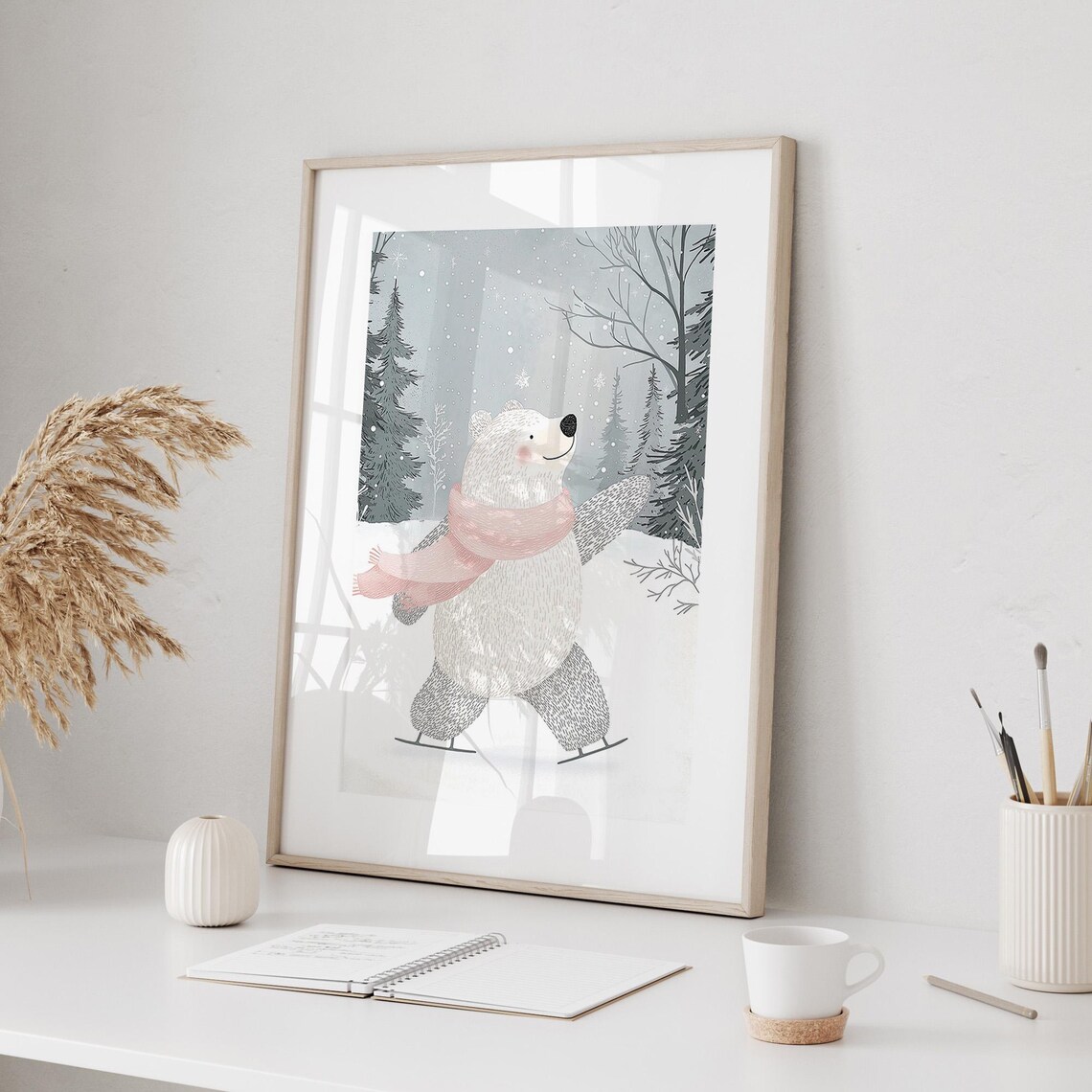 Cute Polar Bear Ice Skating Winter Poster with Pink Scarf Art - Image 2