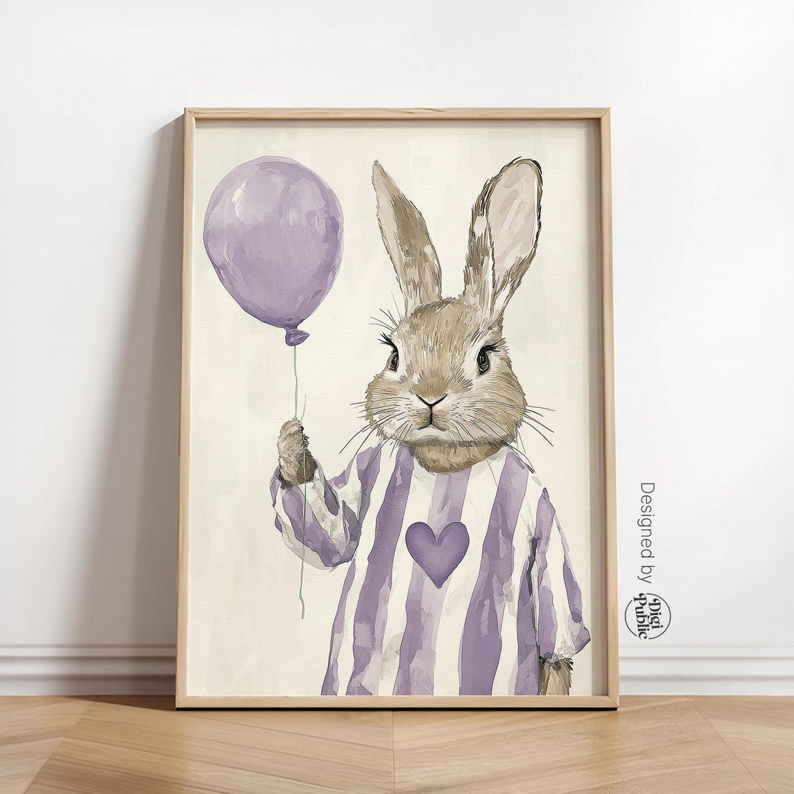Cute Bunny Holding Purple Balloon Poster Whimsical Nursery Decor