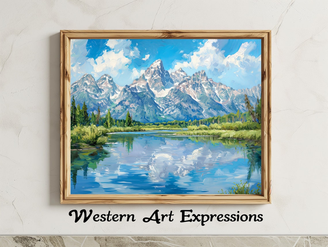 Grand Tetons Mountain Lake Reflection Daytime Painting Poster