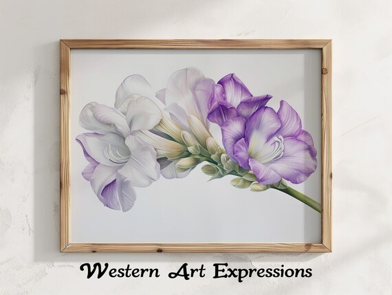 Freesia Flower Watercolor Illustration Botanical Wall Art Purple And White Flowers Print Floral Home Decor Large Canvas