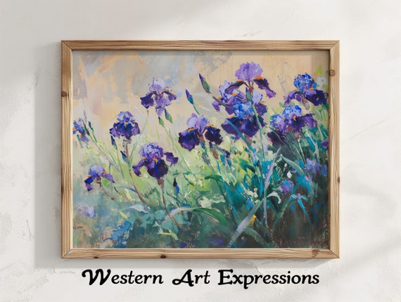 Purple Irises Cottage Decor Floral Wall Art Vintage Garden Print Home Botanical Artwork Living Room Decoration