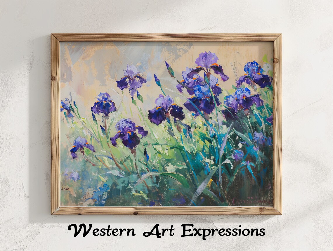 Purple Irises in a Cottage Garden Expressive Oil Painting Poster