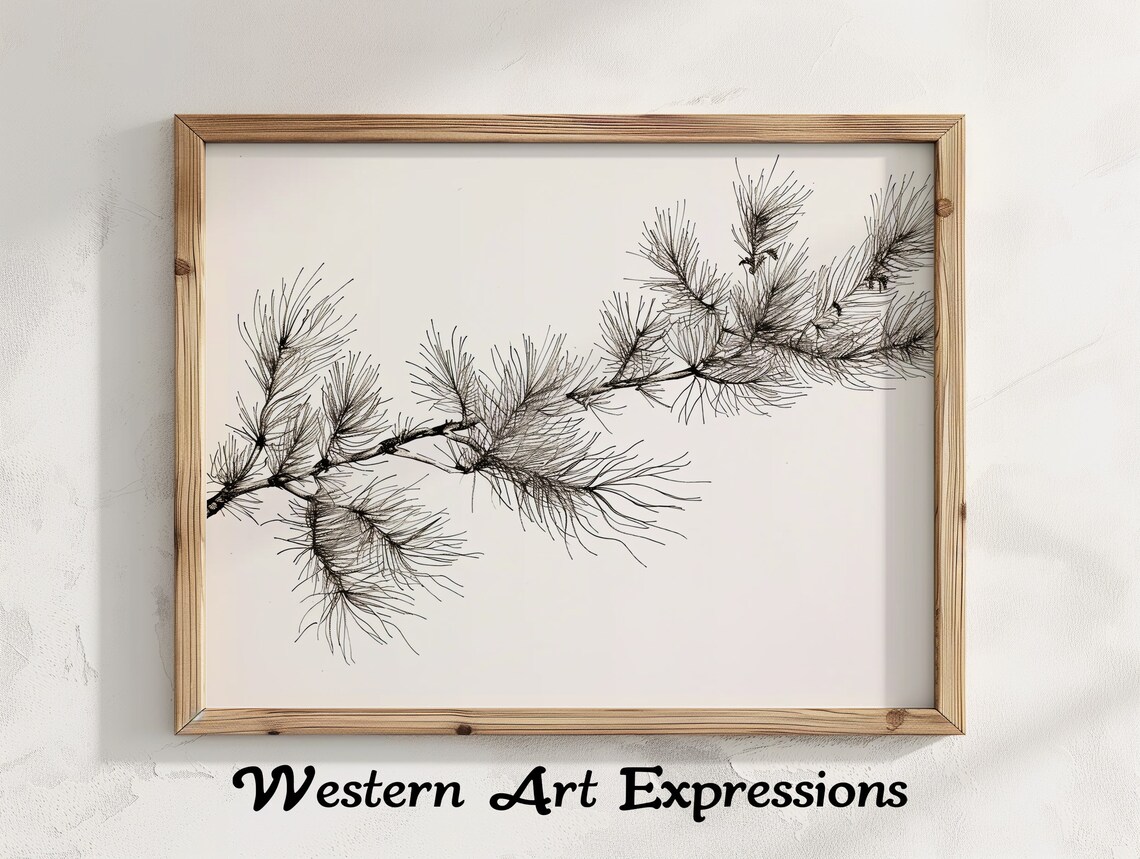 Evergreen Branch Ink Drawing Pine Botanical Wall Art Black And White Nature Illustration Minimalist Decor