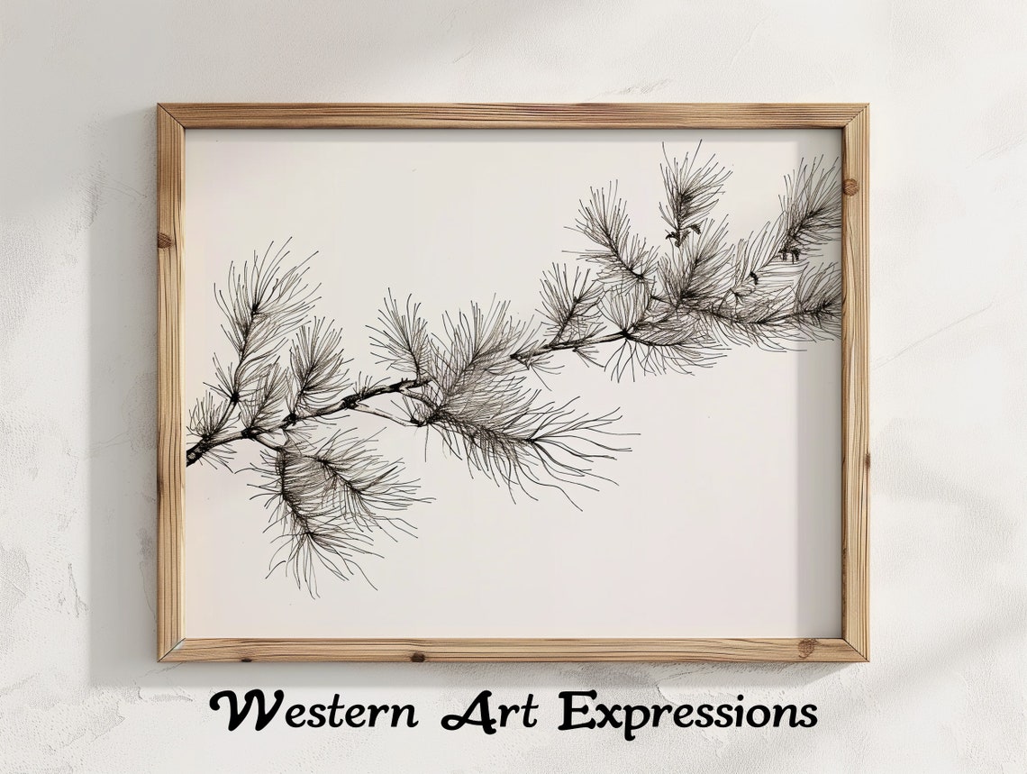 Evergreen Pine Branch Black Ink Botanical Drawing Art Poster