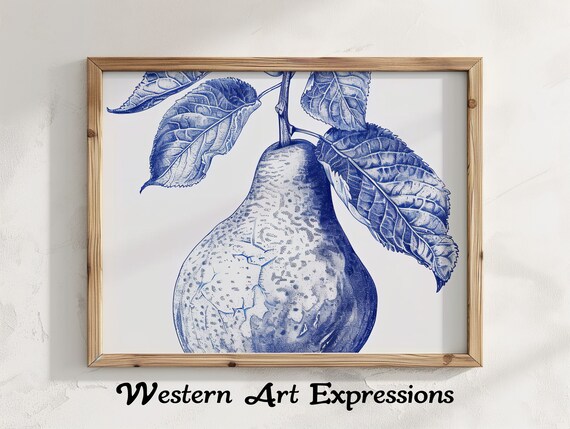 Pear Illustration Vintage Blue Wall Art Botanical Kitchen Decor Rustic Farmhouse Dining Room Unique Fruit Print
