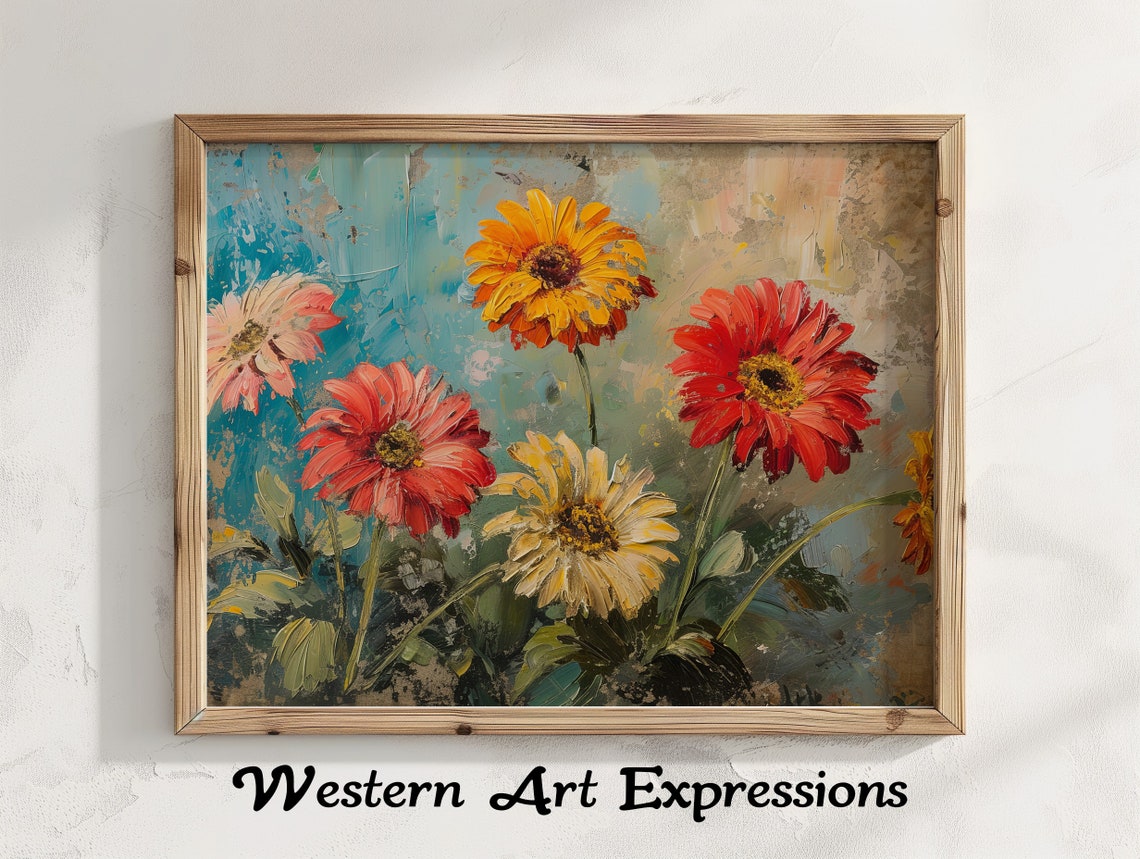 Multicolor Gerbera Daisies on Teal Impasto Floral Painting Poster