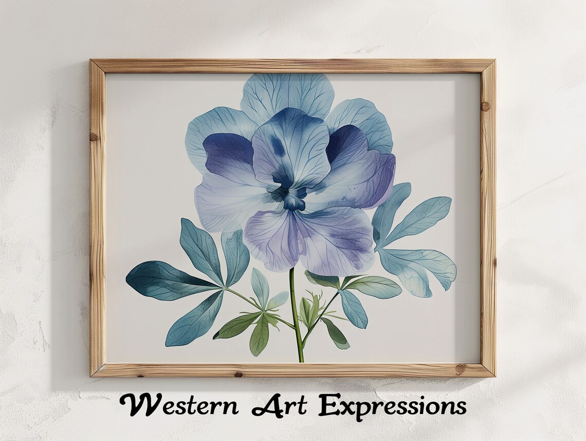 Single Blue Flower Watercolor Illustration Botanical Wall Art Floral Home Decor Delicate Print