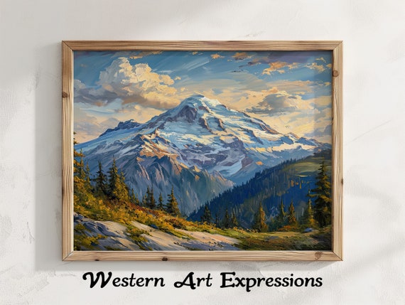 Mount Baker Oil Painting Print Rustic Cabin Decor Wall Art Natural Landscape Washington Mountain