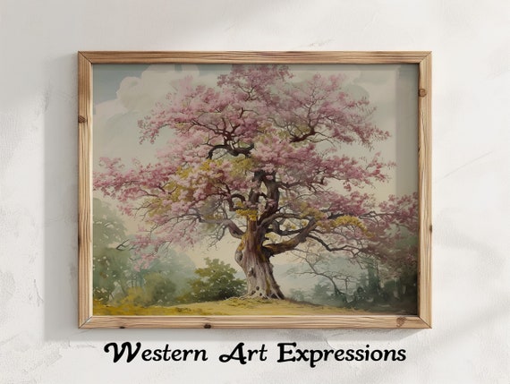 Eastern Redbud Tree 19th Century Vintage Painting Cherry Blossom Pastel Wall Art Botanical Home Decor