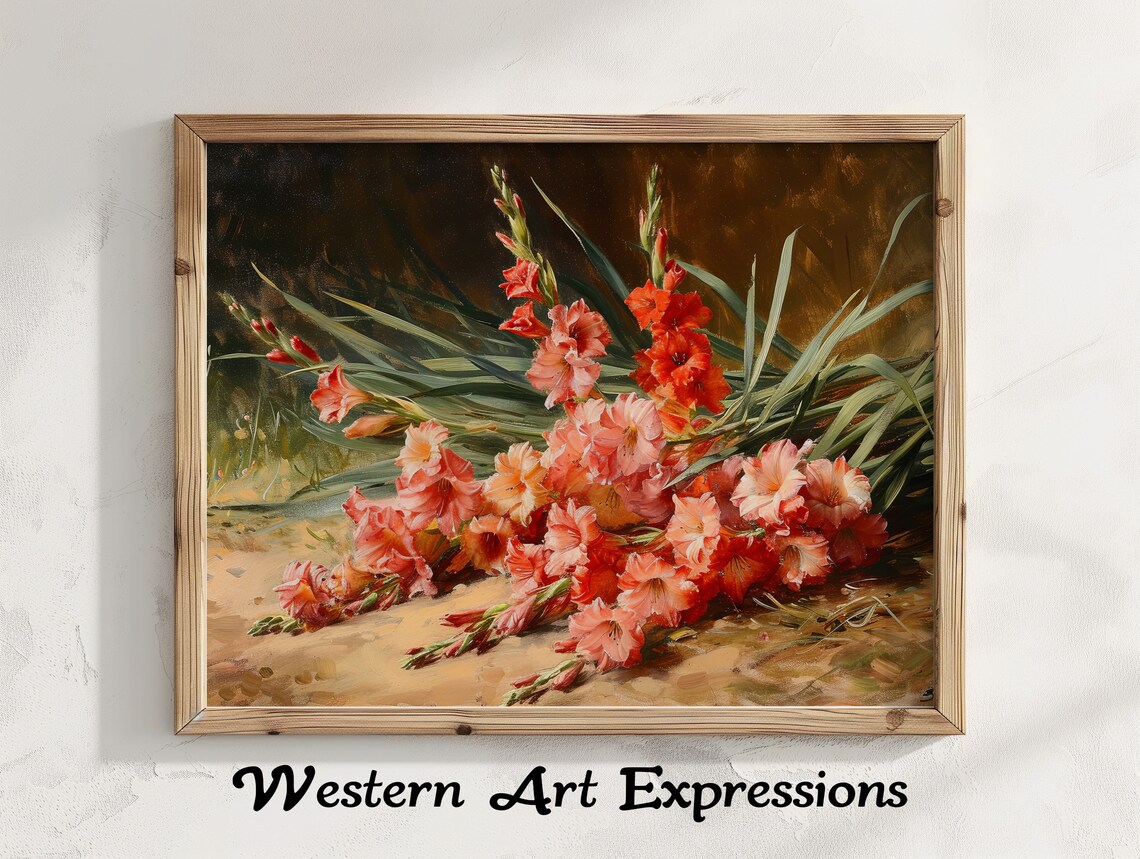 Coral Gladiolus Bouquet Vintage Still Life Floral Oil Poster