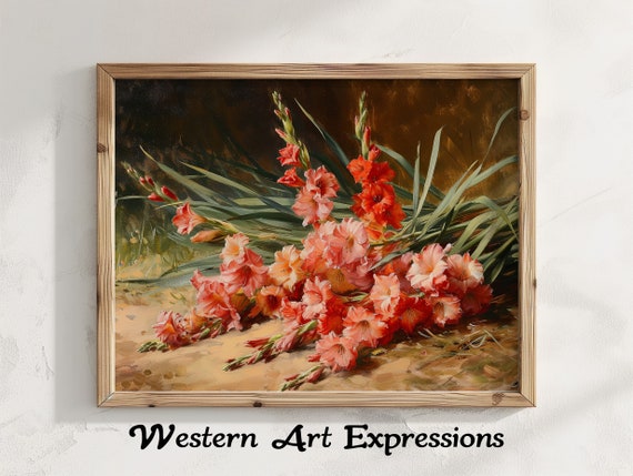 Gladiolus Painting Vintage Flower Still Life Floral Oil Print Botanical Wall Art Decor