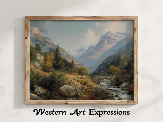 Lovers Bridge Mountain Landscape Painting Rustic Vintage Nature Wall Art River Valley Scenery Antiquestyle Artwork