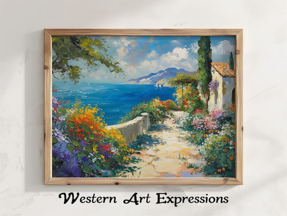 Mediterranean Garden Terrace Overlooking the Sea Oil Painting Poster