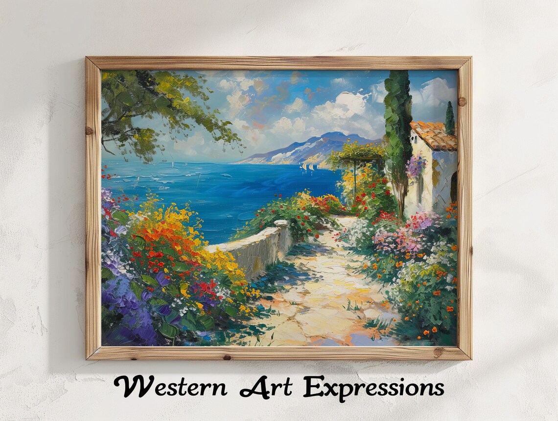 Mediterranean Garden Terrace Overlooking the Sea Oil Painting Poster