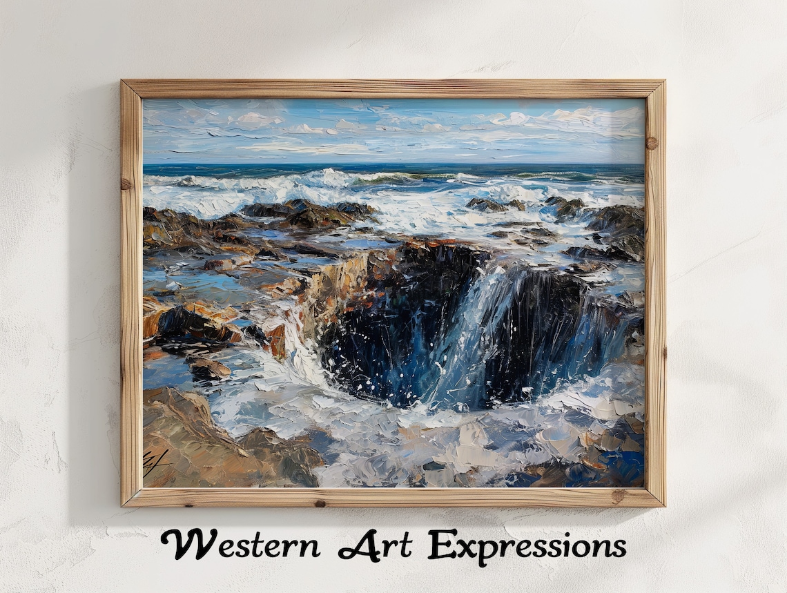 Thor's Well Oregon Coast Oil Painting Impasto Crashing Waves Poster