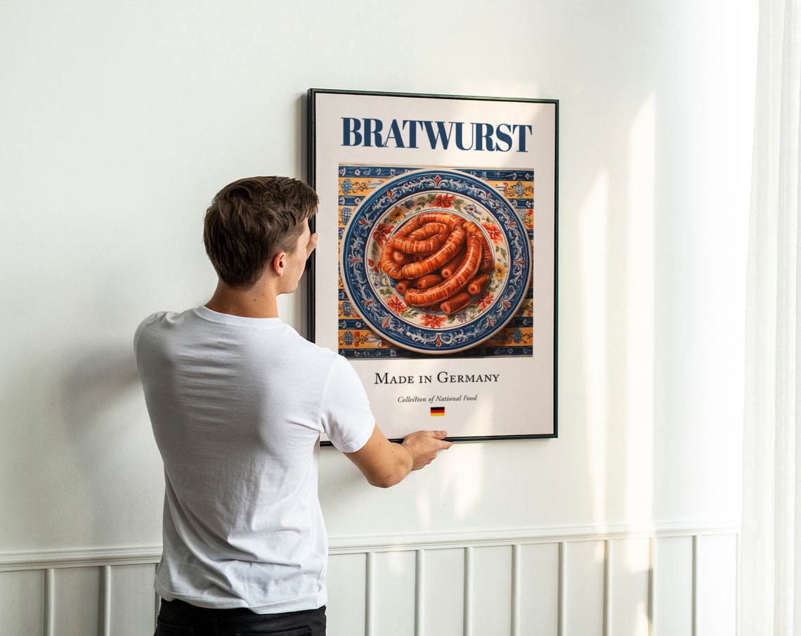 Bratwurst on Maiolica Tile Plate, German Kitchen Art Print - Image 3